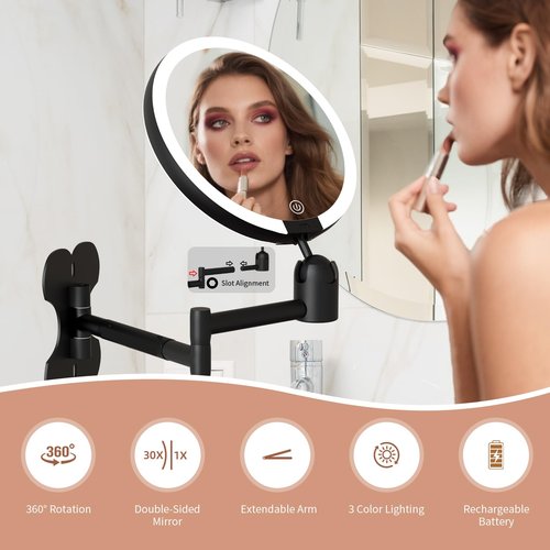 30X/1X Wall Mounted Lighted Makeup Mirror, 6inch Double Sided 1X/30X Magnifying Makeup Mirror with 3 Color Lights, Rechargeable Bathroom 30X Magnification Mirror 360° Rotation Extendable Folding Arm