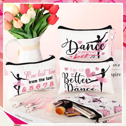 Kacctyen 20 Pcs Dance Gifts Bulk Dance Makeup Bag for Women Ballet Dancer Cosmetic Bag and Silicone Quote Keychains Stuff Class Prizes Party Favor Back to School Gift for Team