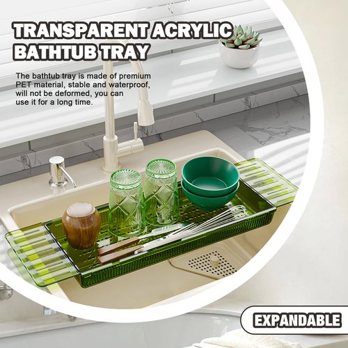 Wshxjzyay Acrylic Bathtub Tray for Large Soaking Tub, Tub Tray for Bathtub Expandable for Women Relaxing with Anti-Slip mat (Green)