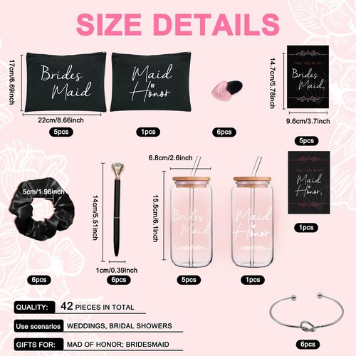42 pcs Bridesmaid gifts bridesmaid proposal gifts, Maid of Honor Gifts contain 16oz Glass Cups Cosmetic Makeup Bags Invited Cards Scrunchies Hair Knotted Bracelets Diamond Pens love clip (Black )
