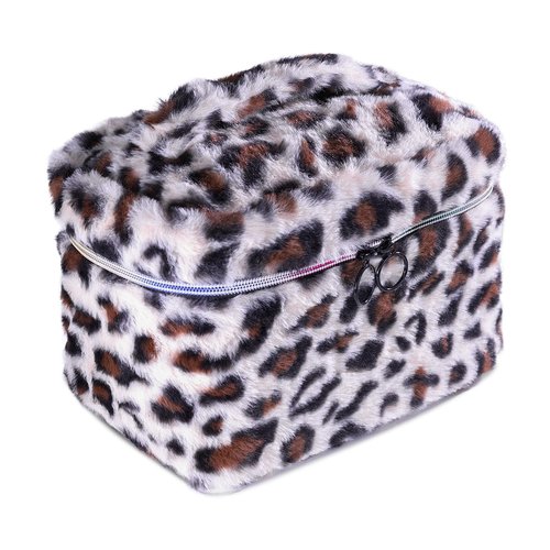 imerelez Plush Travel Makeup Bag Toiletry bag for Women Soft Fluffy Cosmetic Bag Portable Foldable (Beige Leopard)