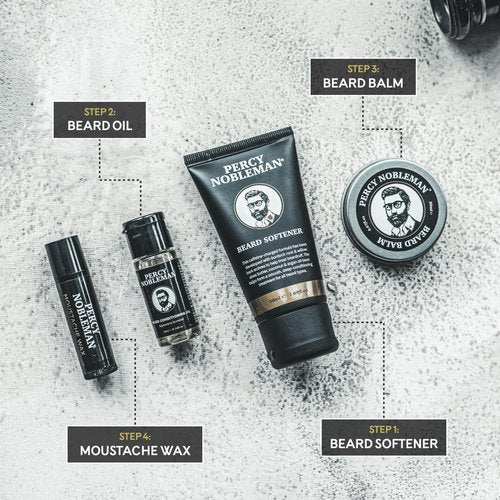 Percy Nobleman Beard Survival Kit, a Beard Grooming Kit containing a scented beard oil, beard balm, moustache wax, and a beard softener