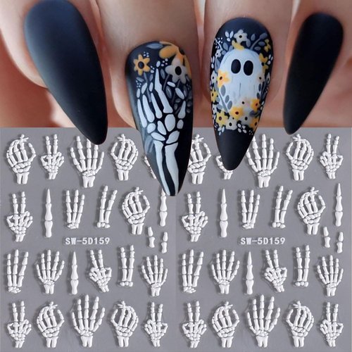 2Pcs Halloween Nail Art Stickers Skull Nail Decals 5D Embossed with Fantasy Bone Skeleton Design Nail Stickers White Hand Finger Bones Nail Art Supplies Adhesive Nail Stickers for Nail Art for Women