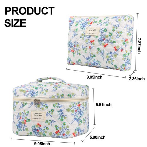 NATINSA Cute Makeup Bag for Women(2 Pcs), Travel Cosmetic Bags, Quilted Coquette Aesthetic Floral Toiletry Organizer Bag (Red & Green)