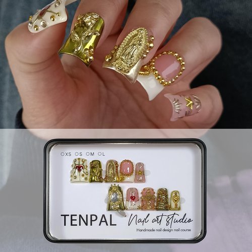 TENPAL 10Pcs Ballerina Press On Nails With Tools,Egyptian Palace Relief Glue on Nails with Gold Cross & Pearls,Handmade 3D Saint Charms Fake Nail Kits, Vintage Epic Acrylic Coffin Duckbill Nails(L)