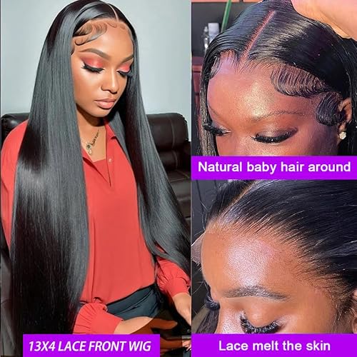 Straight Lace Front Wigs Human Hair Pre Plucked 13x4 HD Transparent Lace Frontal Wig for Black Women Glueless Brazilian Virgin Hair 180% Density with Baby Hair Hairline