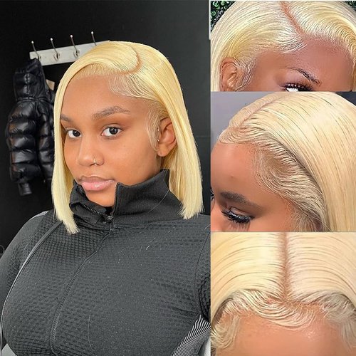 PXCPXC 613 Lace Front Wigs Human Hair Blonde Bob Wig Human Hair 13X4 HD Lace Closure Short Bob Wigs 180% Density 10 Inch Straight Lace Front Wig Human Hair Blonde Short Bob Wigs for Women