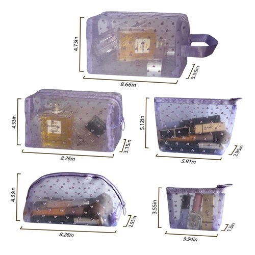 TRAKWAN 5-Piece Heart Printed Mesh Makeup Bag Set, Portable Travel Cosmetic Bags Toiletry Bags Purse Bags Makeup Bags Zipper Mesh Storage Pouches for Home Offices Travel Accessories (Purple)
