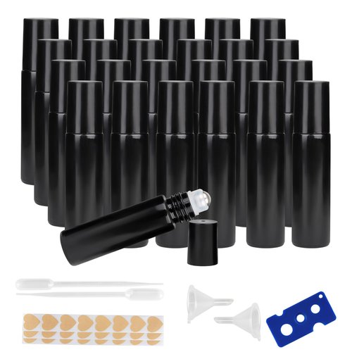 HLYHTGZ 10ml Glass Essential Oil Roller Bottle, 24PCS Black Essential Oil Roller Bottles with Stainless Steel Rollers - Refillable, Leak-Proof Design, Suitable for Travel and DIY Skincare Products.