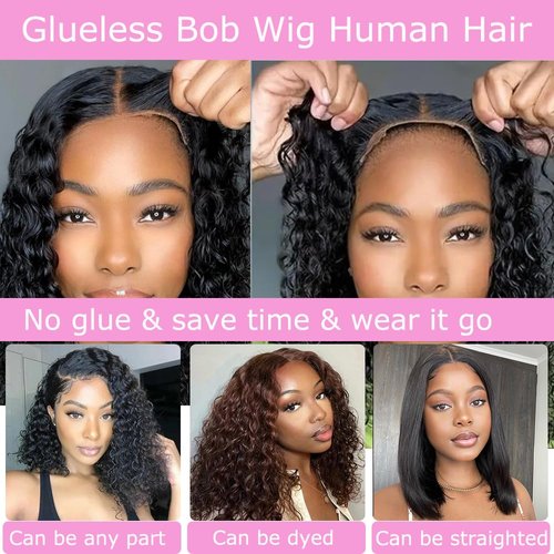 Ablvari Curly Bob Wig Human Hair Water Wave 4x4 Lace Closure Glueless Wear and Go Bob Curly Wigs Pre Plucked Pre Cut Short Bob Wig Curly Human Hair Natural Hairline for Beginner Friendly 12 Inch