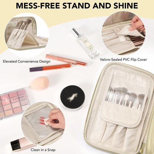 Travel Makeup Bag Women's Large Capacity Cosmetic Portable Organizer Large Opening Waterproof Storage Toiletry Bags Vertical Free-Standing Brush Holder for Easy Access Gold
