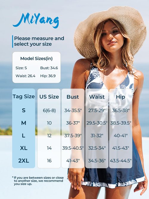 MiYang Women's One Piece High Waist Padded Swim Dress Navy Flower XXX-Large