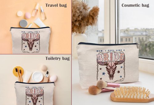 Lacosu Retro Western Bachelorette Party Nashville Bride Pink Bull Head Skull Makeup Bag,Men I Feel Like a Bride Cosmetic Makeup Bag for Teen Girls Women,Bachelorette Party Gifts Makeup Bag