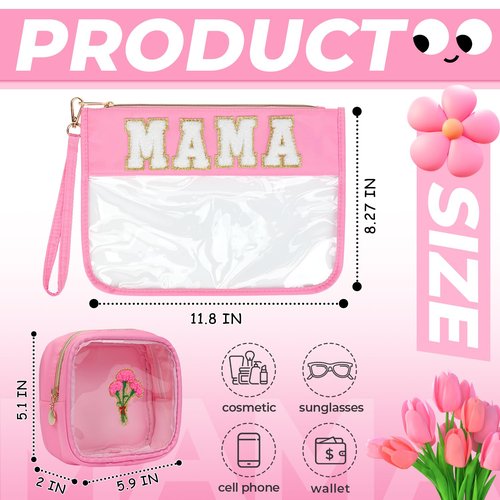 Aintmax 2Pcs Clear Mama Bag Chenille Varsity Letter Makeup Bag Preppy Patch Pouch Waterproof PVC Toiletry Organizer Flat Travel Cosmetic Bag Mother's Day Gifts for Mom Women(Mama-Pink)