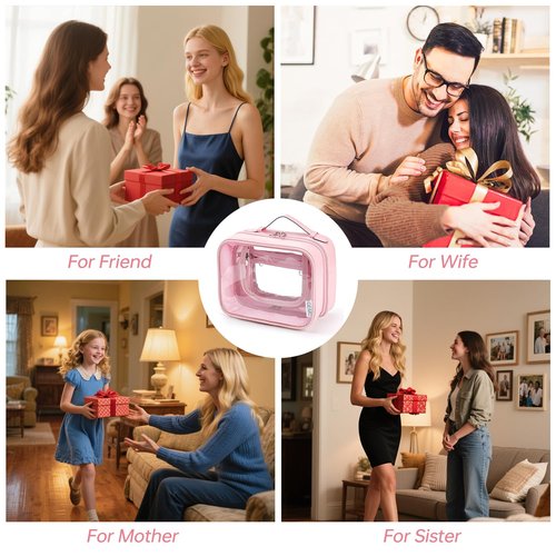 GEMIU Clear Makeup Bag Toiletry Bag for Women 4 Compartments Travel Cosmetic Case Large Capacity Waterproof Skincare Pouch Organizers with Zippe Deep Pink