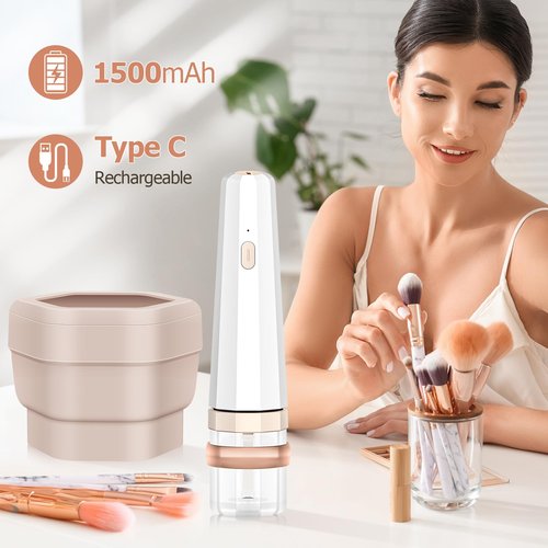 Portable Electric Makeup Brush Cleaner Machine with Foldable Silicone Cleaning Bowl - Quick 30-Second Deep Clean, Instant Drying, Compatible with Handle Diameters Under 0.86 Inches of Beauty Brushes
