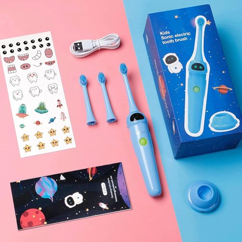 NBGRLVS Sonic Electric Toothbrush for Kids, 2 Modes with Memory, 2 Min Timer, Fun&Easy Clean, IPX7 Waterproof Rechargeable Kids Toothbrush for Age 3+, 3 Dupont Soft Bristles(Blue)