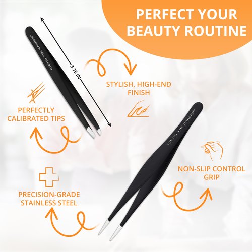 Tweezers Set: Stainless Steel Pointed and Slanted Tweezer for Eyebrows, Facial Hair, Ingrown Hairs and splinters. (2PCS)