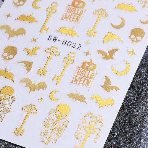 POWPOP Halloween Nail Art Stickers Decals 3D Halloween Nail Decals 6PCS Gold Skeleton Bat Key French Fire Blood Crown Nails Design Adhesive Stickers Manicure Supply for Women Nail Art Decorations