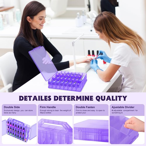 SUBAY 2 Pcs Portable Nail Polish Organizer, Clear Double Side Nail Polish Holder,Gel Nail Storage for 48 Bottles with 6 Adjustable Dividers in Each Side Space Saver Purple