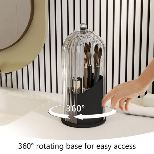 Emljkvp Makeup Brush Holder with Dustproof Cover 360 Rotating Makeup Brush Organizer for Vanity Bathroom, White/Black