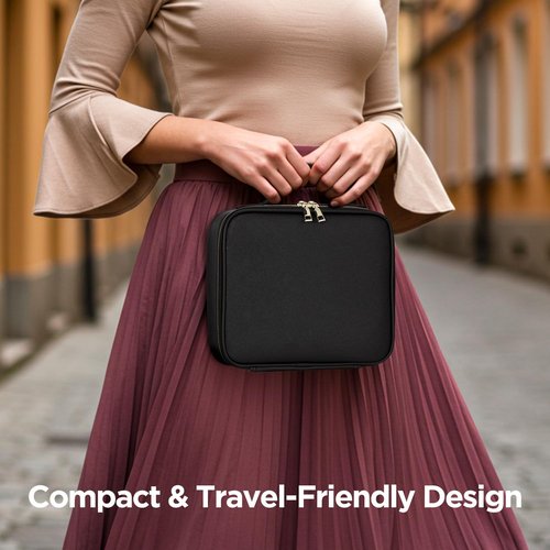 IPOW Travel Makeup Bag with LED Mirror, 3 Adjustable Light Settings, Customizable Dividers, Portable Travel Organizer, USB Charging, Black, Small