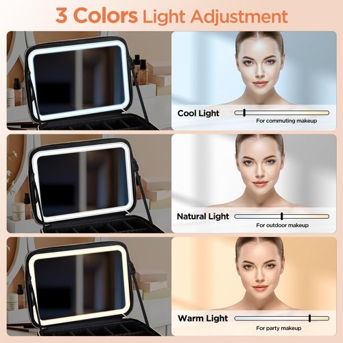 IPOW Travel Makeup Bag with LED Mirror, 3 Adjustable Light Settings, Customizable Dividers, Portable Travel Organizer, USB Charging, Leopard print, Large