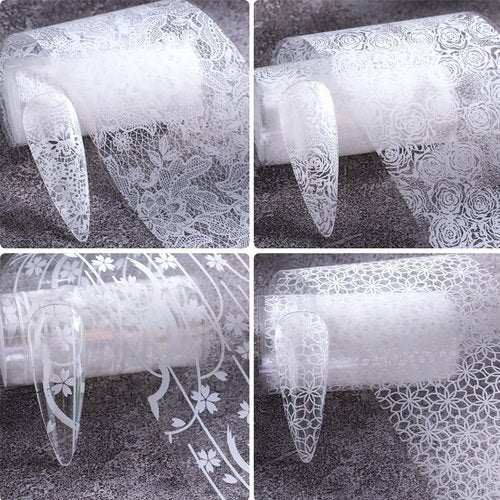 JERCLITY 10 Rolls Lace Flower Nail Foil Transfer Sticker Black White Flower Pattern Nail Foil Sheets Lace Flowers Transfer Stickers