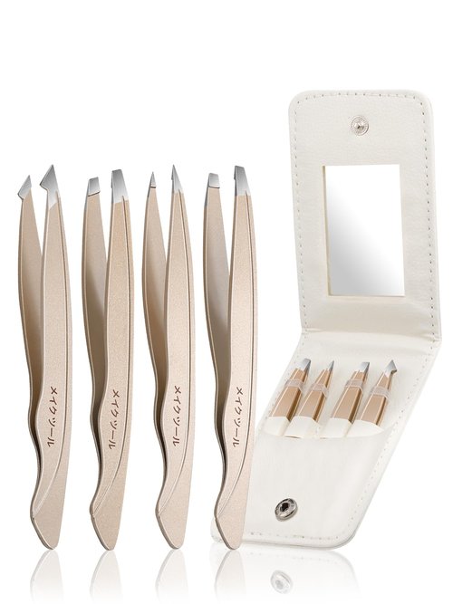 Tweezers Set for Women Facial Hair: Stocking Stuffers 4Pcs Stainless Steel Eyebrow Tweezer Set with Travel Mirror Case, Suitable for Everyday Use in Car, Purse