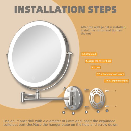 Batuso 8.5" Wall Mounted Makeup Mirror with Light, 2000mAh Rechargeable Double Sided 1X / 10X Magnifying Vanity Mirror, 3 Color Lights Touch Dimmable 360° Rotation Bathroom Mirror, Chrome