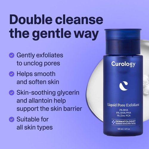 Curology Liquid Pore Exfoliant, 2% BHA Salicylic Acid, 8% AHA/PHA Lactic Acid, and 1% Zinc PCA, Brightening and Exfoliating Facial Skin Care, 4 fl oz