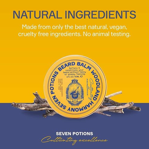 Seven Potions Beard Balm 2 oz. 100% Natural Softener with Jojoba Oil - Nourishes, Softens, Stops Itch, and Leaves Healthy Shiny Beard (Woodland Harmony)