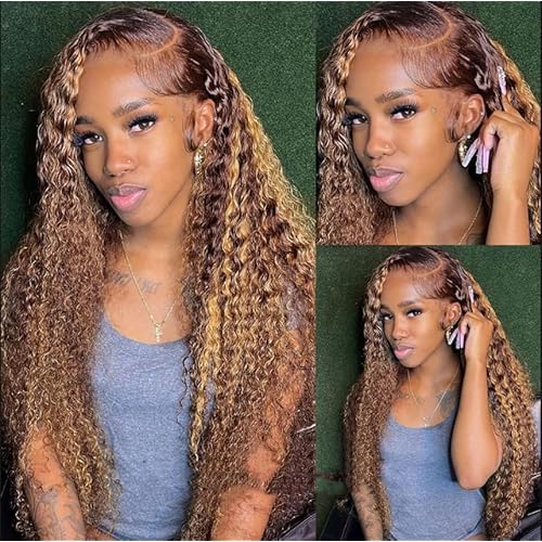 Chesma 30 Inch Highlight Ombre Lace Front Wig Human Hair 13x4 HD Honey Blonde 4/27 Deep Wave Lace Frontal Wig Glueless Wig 180 Density