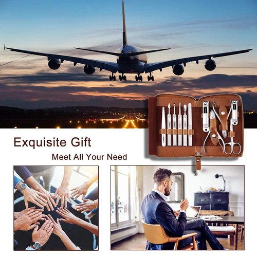 FAMILIFE F03 Manicure Set, Pedicure Kit Nail Clipper Set 13pcs Professional Men Grooming Kit and 11 in 1 Stainless Steel Pedicure Tools Kit Grooming Kit with Portable Brown Leather Travel Case
