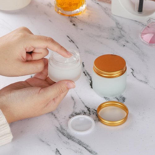 RAMFIYN 12 pack Small Clear Frosted Glass Cosmetic jars with Golden Metal Lids 2oz Bulk for Sample Lotion Cream Travel Jar Cosmetic Container