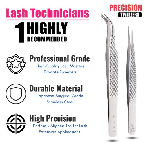 My Lash Tools - New Fiber Tip Lash Tweezers for Eyelash Extensions Tweezers SET OF 2 Mini Isolation & Microgrip Tip Curved Volume Tweezers Japanese Steel Lashing Tweezer (Silver)