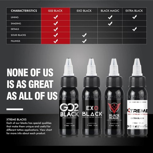 Xtreme GO2 Black Tattoo Ink, Intense Darkness for Bold Fillings - Highly Concentrated Black Ink, Smooth Application, Sterile, and Vegan - Crafted for Quality and Safety (GO2, 8 oz)
