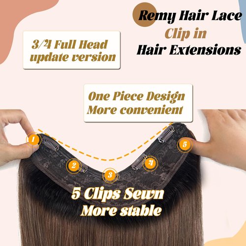 Brown Clip in Hair Extensions Real Human Hair,Highlight Ombre Clip in Human Hair Black Roots One Piece 5 Clips with 3/4 V-Shaped Double Weft Clip in Extensions Full Head for Women 16 Inch 80g(45cm)