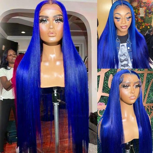 Maycaur 30 Inch Blue Lace Front Wigs for WomenPre-plucked Hairline Long Straight Navy Blue Hair Heat Resistant Fiber Glueless Synthetic Lace Front Wigs for Daily Party Cosplay Use