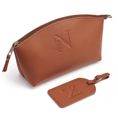 AW BRIDAL Makeup Bags for Women Travel Toiletry Bag with Luggage Tag, Makeup Pouch Cosmetic Pouch Skincare Bag Mother's Day Gift Wedding Gifts Birthday Gifts for Women, Letter N