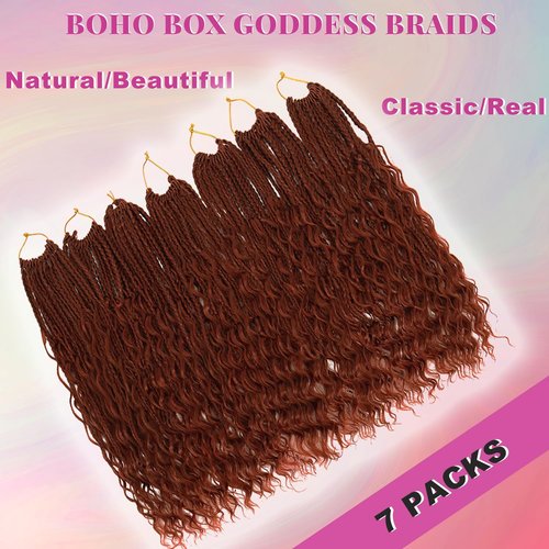 Goddess Bohemian Box Braids Crochet Hair 7 Packs 18 Inch Boho Crochet Braids for Black Women Pre Looped Braiding Hair with Curly Ends, Reddish Brown