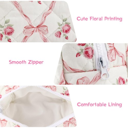 URSKYTOUS Quilted Makeup Bag Floral Large Cute Cosmetic Bag Cotton Puffy Makeup Organizer Coquette Travel Makeup Pouch Aesthetic Portable Zipper Toiletry Storage Bag for Women Girls (Pink Bow)