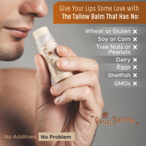 Vintage Tradition Moisturizing Beef Tallow Lip Balm – Unscented Tube Lip Moisturizer for Sensitive Skin Hydrates & Soothes Dry Lips – Grass-Fed Tallow Balm for Skin Care, 0.5 Fl. Oz.