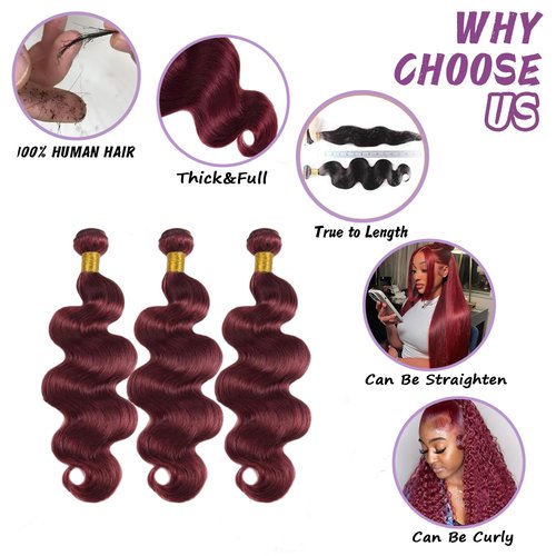 99J Burgundy Human Hair Bundles Body Wave 24 Inch 12A Wine Red Double Weft Brazilian Bundles Human Hair Extensions 1 Pack