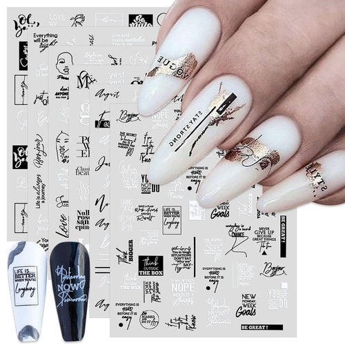 XEAOHESY 6 Sheets Black White Words Nail Stickers Self Adhesive English Words Abstract Human Face Love Heart Nail Art Stickers Decals for Women Nail Art