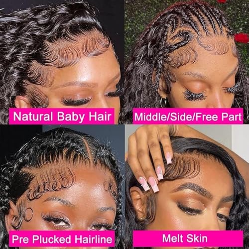 30 Inch Water Wave Lace Front Wigs Human Hair 13x6 HD Full Lace Frontal Wigs 200 Density Pre Plucked Wet and Wavy Glueless Deep Curly Human Hair Wigs for Black Women Natural Black