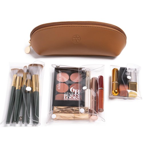 Travel Makeup Bag Organizer, Waterproof Small Makeup Bag for Purse, PU Leather Travel Toiletry Bag for Women, Cosmetic Bag, Makeup Case & PVC Mini Make up Bags, Purse Organizer Pouches (4 Pcs Set)