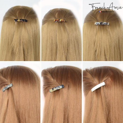 French Amie Bar Mini Set of 6 Celluloid Acetate Onyx Silver Grey Opera Ivory Tokyo White Tokyo Amber Brown Handmade Small Hair Clip Barrette for Women (2.5 inch)