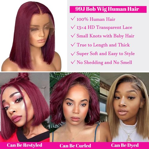 Belaved 13X4 HD Transparent 99J Burgundy Bob Lace Front Wigs Human Hair Straight Glueless Bob Wig Human Hair 14 Inch Pre Plucked Pre Cut Bob Lace Frontal Wigs with Natural Hairline for Black Women