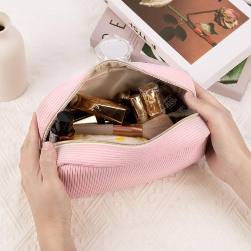 Playexen 9.9" Large Makeup Bag, Corduroy Cosmetics Bag for Purse with Ring Buckle, Small Travel Organizer Toiletry Pouch for Women (Black)